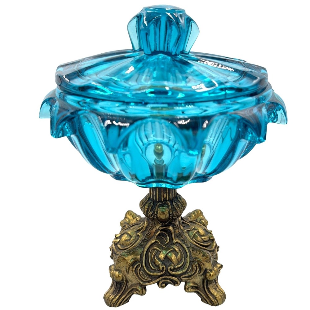Vtg Turquoise Blue Glass‎ Footed Candy Dish Ornate Pedestal Hollywood